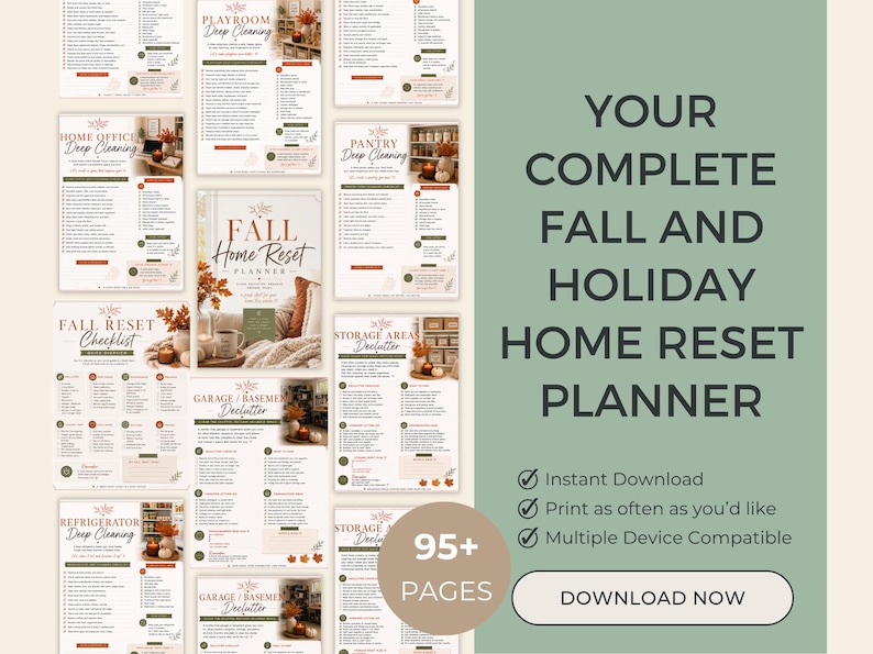 May include: A digital planner set titled Fall Home Reset Planner with 95+ pages. The layout features multiple checklists for deep cleaning rooms like the pantry, garage, and home office, decorated with autumn-themed imagery and text.