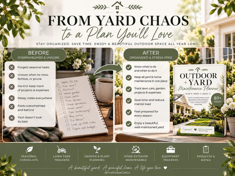 May include: A digital marketing graphic for an Outdoor + Yard Maintenance Planner. The image features a before-and-after comparison showing a messy handwritten to-do list versus the organized planner book, highlighting seasonal checklists and trackers.