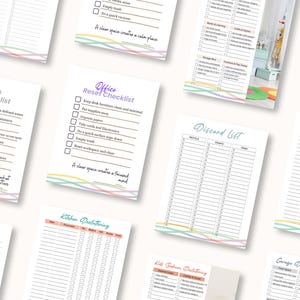 May include: A collection of printable checklists for home organization, including a garage reset, office reset, and kitchen decluttering. Each checklist features a pastel rainbow design at the bottom and is designed to help organize different areas of the home.
