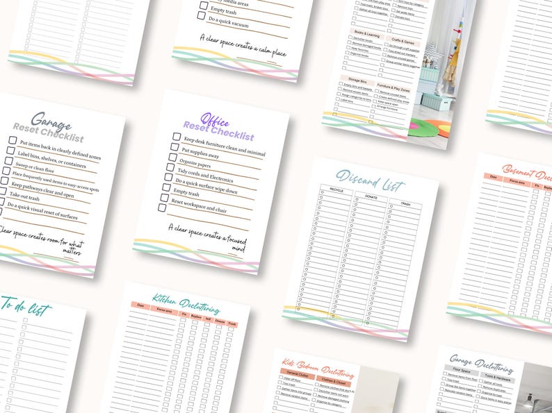 May include: A collection of printable checklists for home organization, including a garage reset, office reset, and kitchen decluttering. Each checklist features a pastel rainbow design at the bottom and is designed to help organize different areas of the home.
