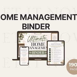 Op de afbeelding: Een digitale huishoudmap weergegeven op een laptop-, tablet- en smartphonescherm. De schermen tonen tekst zoals Ultimate Home Management Binder, What's Inside en Thank You. Een ronde badge geeft aan dat er 190+ pagina's zijn.