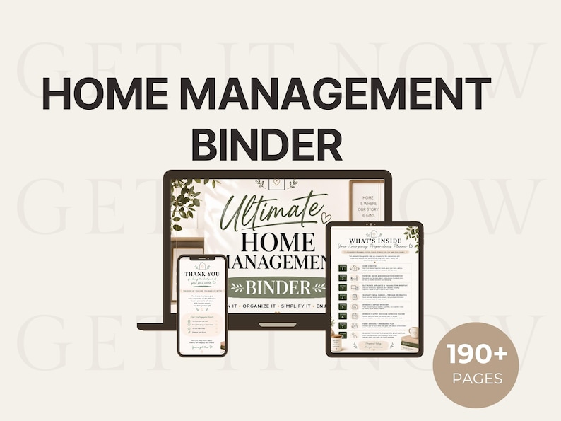 Op de afbeelding: Een digitale huishoudmap weergegeven op een laptop-, tablet- en smartphonescherm. De schermen tonen tekst zoals Ultimate Home Management Binder, What's Inside en Thank You. Een ronde badge geeft aan dat er 190+ pagina's zijn.