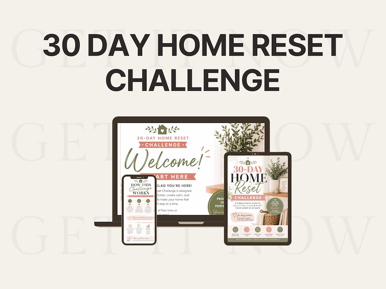 May include: A digital 30 Day Home Reset Challenge guide displayed on a laptop, tablet, and smartphone screen. The interface features text including 30 DAY HOME RESET CHALLENGE, Welcome, and How This Challenge Works in shades of green and pink.