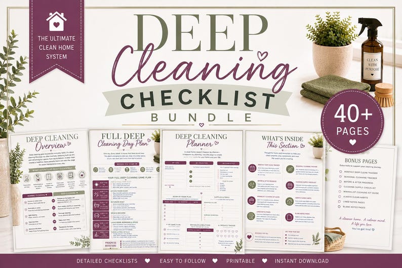 Op de afbeelding: Een Deep Cleaning Checklist Bundle met meer dan 40 pagina's aan printbare planningsbladen. De documenten bevatten secties voor een Deep Cleaning Overview, Full Deep Cleaning Day Plan, Deep Cleaning Planner en What's Inside This Section pagina's.