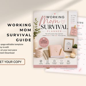 Pode incluir: Um planejador rosa e branco intitulado "Working Mom Survival Planner" com um caderno, caneta e x&iacute;cara de caf&eacute; combinando. A imagem inclui o texto: "Working Mom Survival Guide" e "Get Your Copy."
