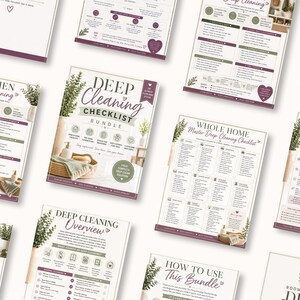 Op de afbeelding: Een verzameling geprinte checklists voor een grote schoonmaak met witte achtergronden, donkerpaarse tekst en groene botanische accenten. De pagina's bevatten koppen zoals Deep Cleaning Checklist Bundle, Kitchen Deep Cleaning en Whole Home Master Deep Cleaning Checklist met georganiseerde lijsten en iconen.