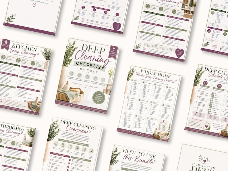 Op de afbeelding: Een verzameling geprinte checklists voor een grote schoonmaak met witte achtergronden, donkerpaarse tekst en groene botanische accenten. De pagina's bevatten koppen zoals Deep Cleaning Checklist Bundle, Kitchen Deep Cleaning en Whole Home Master Deep Cleaning Checklist met georganiseerde lijsten en iconen.