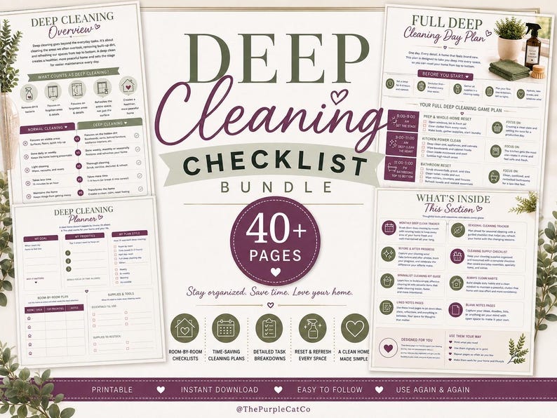 Op de afbeelding: Een digitale bundel met checklists voor een grote schoonmaak, bestaande uit meer dan 40 pagina's met printbare planningsbladen. De documenten bevatten een overzicht van de schoonmaak, een dagplan en een planner voor de grote schoonmaak.