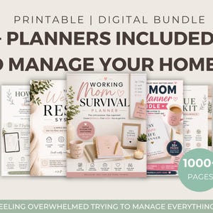 May include: A digital bundle of 9+ printable home management planners featuring the text Working Mom Survival Planner, Mom Planner Bundle, and 1000+ Pages. The designs include soft pink and neutral tones with illustrations of coffee mugs, plants, and candles.