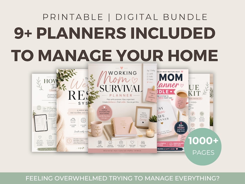 May include: A digital bundle of 9+ printable home management planners featuring the text Working Mom Survival Planner, Mom Planner Bundle, and 1000+ Pages. The designs include soft pink and neutral tones with illustrations of coffee mugs, plants, and candles.