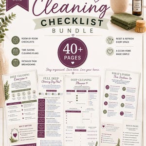 Op de afbeelding: Een bundel met checklists voor een grondige schoonmaak, bestaande uit meer dan 40 pagina's met printbare documenten. Het ontwerp bevat tekstkoppen, checklists per kamer, schoonmaakplannen en gedetailleerde taakoverzichten.