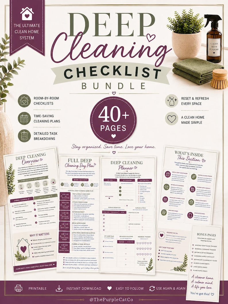 Op de afbeelding: Een bundel met checklists voor een grondige schoonmaak, bestaande uit meer dan 40 pagina's met printbare documenten. Het ontwerp bevat tekstkoppen, checklists per kamer, schoonmaakplannen en gedetailleerde taakoverzichten.