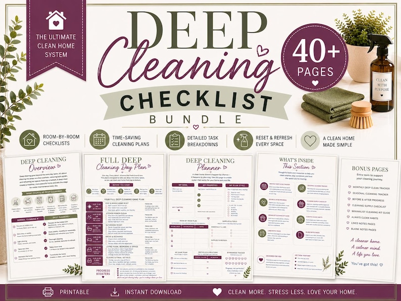 Op de afbeelding: Een checklistbundel voor een grondige schoonmaak met meer dan 40 printbare pagina's. Het ontwerp bevat tekstkoppen, checklists per kamer, schoonmaakplannen en gedetailleerde taakoverzichten in een kleurenschema van wit, donkerpaars en saliegroen.