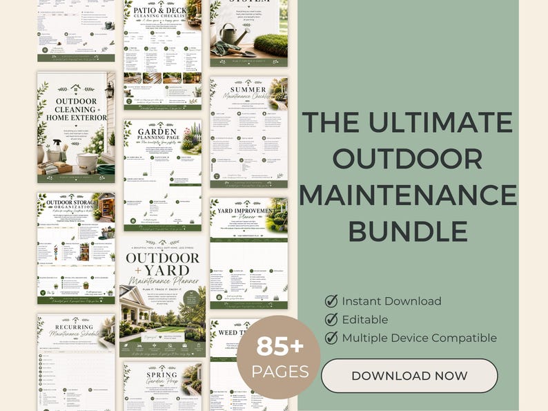May include: A digital bundle of outdoor maintenance planning pages featuring checklists for patio, deck, garden, and yard care. The collection includes over 85 pages with text headers like Outdoor Cleaning, Home Exterior, and Summer Maintenance Checklist.