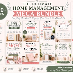 May include: A digital home management mega bundle featuring over 1000 pages of printable planners. The collection includes titles like The Ultimate Home Management Binder, Family Command Center, Busy Mom Life Planner, Weekly Reset System, and Daily Home Reset Checklist Bundle, alongside various organizational systems for home, work, and ADHD management.
