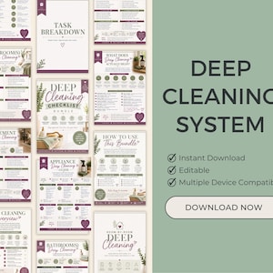 Op de afbeelding: Een digitaal dieptereinigingssysteem-pakket met meerdere printbare checklists en gidsen met paarse en groene tekst op een witte achtergrond. Het hoofdpaneel toont de tekst Deep Cleaning System en een Download Now knop.