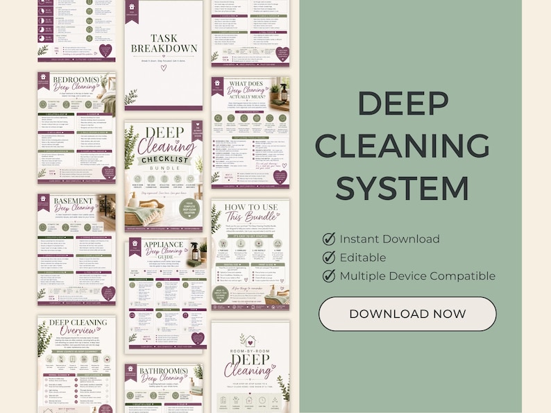Op de afbeelding: Een digitaal dieptereinigingssysteem-pakket met meerdere printbare checklists en gidsen met paarse en groene tekst op een witte achtergrond. Het hoofdpaneel toont de tekst Deep Cleaning System en een Download Now knop.