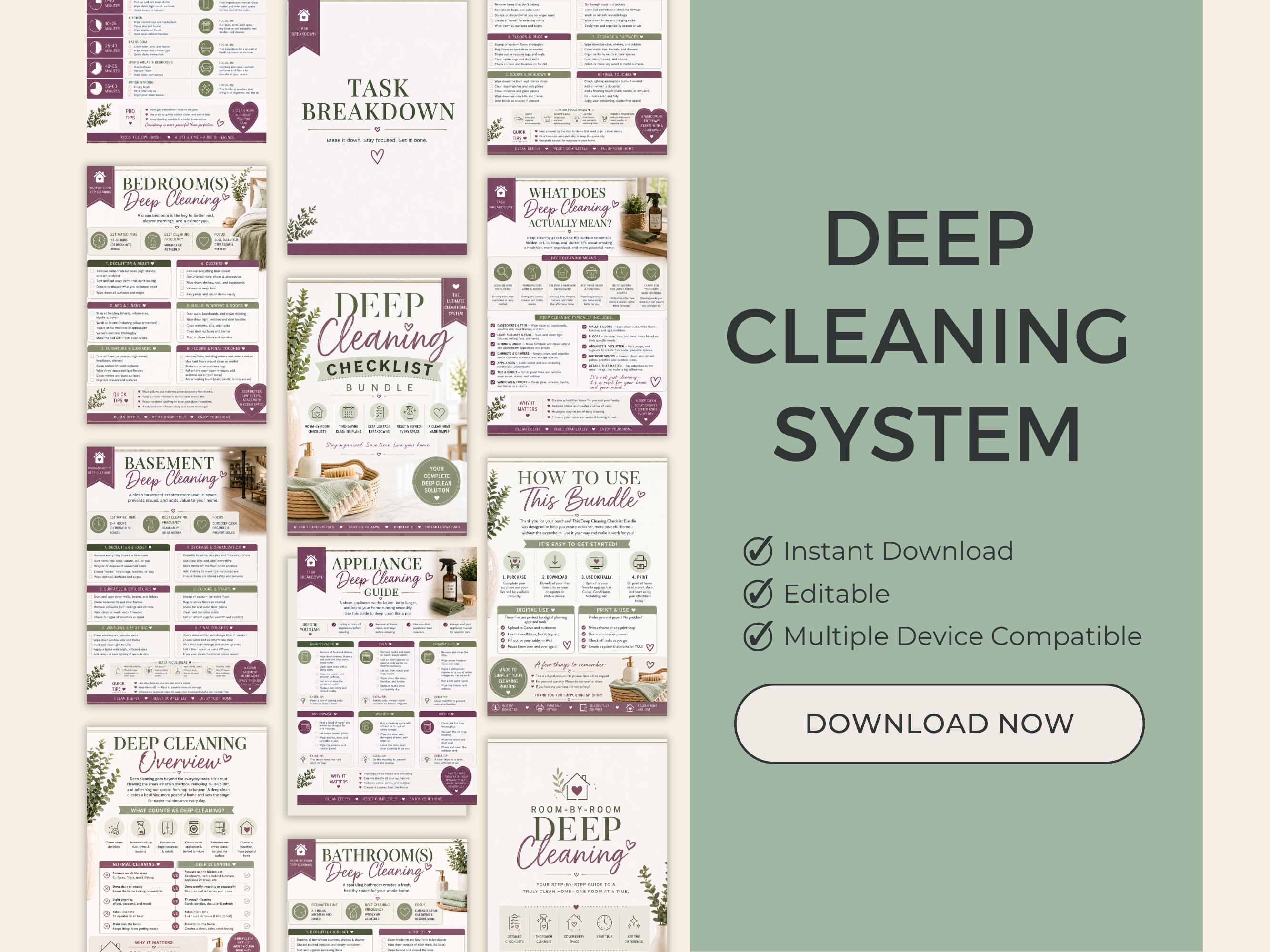 Deep Cleaning Checklist Bundle + Planner | Printable Cleaning Schedule ...