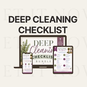 Op de afbeelding: Een digitale deep cleaning checklist bundel weergegeven op een laptop, tablet en smartphone scherm. De schermen bevatten tekst zoals DEEP CLEANING CHECKLIST BUNDLE, THE ULTIMATE CLEAN HOME SYSTEM en WHAT'S INSIDE This Planner met paarse accenten.