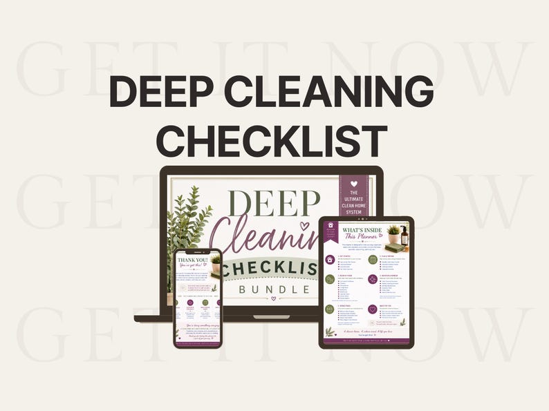 Op de afbeelding: Een digitale deep cleaning checklist bundel weergegeven op een laptop, tablet en smartphone scherm. De schermen bevatten tekst zoals DEEP CLEANING CHECKLIST BUNDLE, THE ULTIMATE CLEAN HOME SYSTEM en WHAT'S INSIDE This Planner met paarse accenten.
