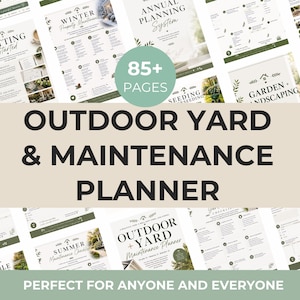 May include: A digital outdoor yard and maintenance planner featuring over 85 pages of organized checklists and planning templates. The document includes sections for winter property maintenance, annual planning, seeding, and garden landscaping.