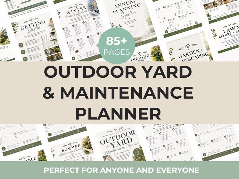 May include: A digital outdoor yard and maintenance planner featuring over 85 pages of organized checklists and planning templates. The document includes sections for winter property maintenance, annual planning, seeding, and garden landscaping.