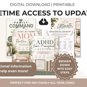 May include: A digital download printable set featuring the ADHD Home Management System, Family Command Center, and Room Rescue Checklist. The documents include text, icons, and floral accents in soft green, pink, and white color palettes.