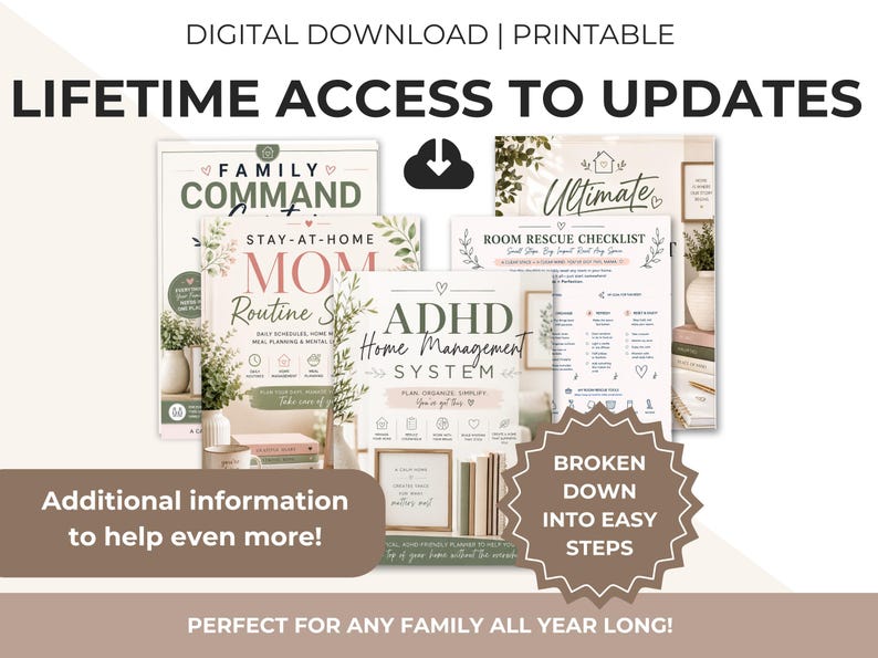 May include: A digital download printable set featuring the ADHD Home Management System, Family Command Center, and Room Rescue Checklist. The documents include text, icons, and floral accents in soft green, pink, and white color palettes.