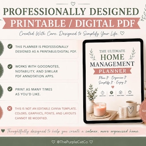 May include: A digital home management planner displayed on a tablet screen with the text The Ultimate Home Management Planner. The image includes a list of features, icons, and notes indicating it is a printable PDF, not an editable Canva template.