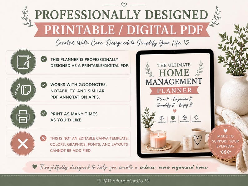 May include: A digital home management planner displayed on a tablet screen with the text The Ultimate Home Management Planner. The image includes a list of features, icons, and notes indicating it is a printable PDF, not an editable Canva template.