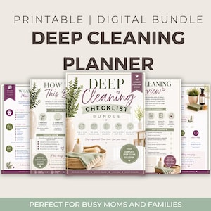 Könnte beinhalten: Ein digitales Bundle mit druckbaren Tiefenreinigungsplanern. Das Cover zeigt den Text "Deep Cleaning Checklist Bundle" in einer stilvollen Schriftart. Das Bild enthält einen Korb mit Reinigungsmitteln und dekorativen Pflanzen. Der Text "Perfect for busy moms and families" steht unten.