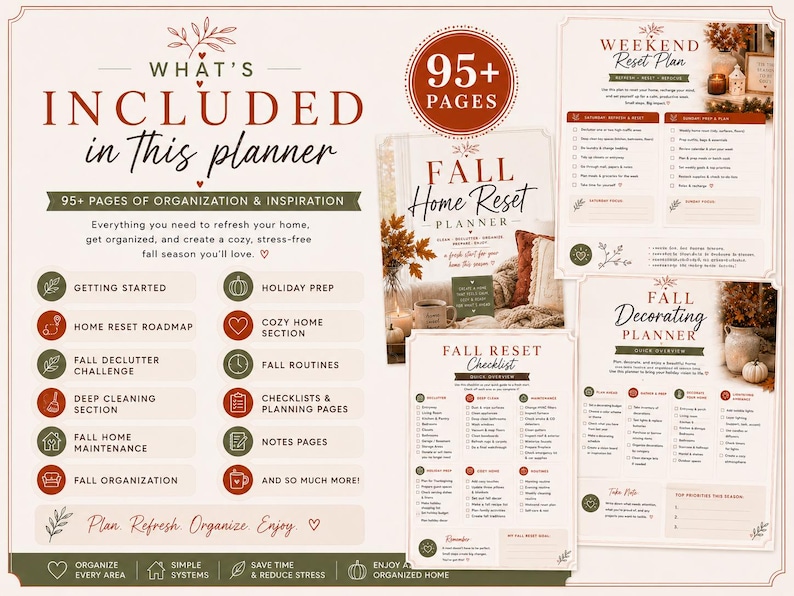 May include: A digital planner set titled Fall Home Reset Planner with 95+ pages. The layout includes sections for a weekend reset plan, fall decorating, and a fall reset checklist. The design features text, icons, and lists for home organization.