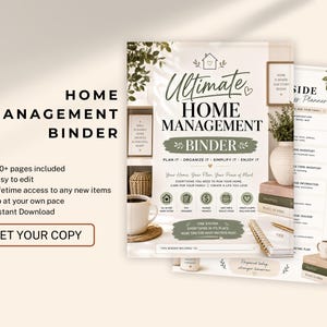 Op de afbeelding: Een huishoudmap met een omslag met de tekst Ultimate Home Management Binder, Plan It, Organize It, Simplify It, Enjoy It en Your Home, Your Plan, Your Peace of Mind. Het ontwerp bevat groene bladeren, iconen en een neutraal kleurenpalet.
