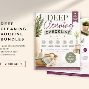 Op de afbeelding: Een digitale sjabloon voor een grondige schoonmaakchecklist met de tekst Deep Cleaning Checklist Bundle, 40+ page editable template en Get Your Copy. Het ontwerp bevat afbeeldingen van een gevlochten dienblad, schoonmaakmiddelen en groen.