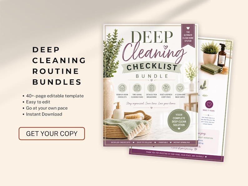 Op de afbeelding: Een digitale sjabloon voor een grondige schoonmaakchecklist met de tekst Deep Cleaning Checklist Bundle, 40+ page editable template en Get Your Copy. Het ontwerp bevat afbeeldingen van een gevlochten dienblad, schoonmaakmiddelen en groen.