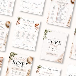 May include: A collection of printed planning sheets titled The Core Reset System and The Weekly Reset System. The documents feature black text, soft pink accents, and botanical illustrations of green leaves, organized into checklists and grids.