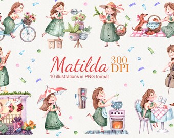 Watercolor Girl Clipart Bundle, Cottagecore Illustrations, Spring PNG Illustrations (Digital Download)