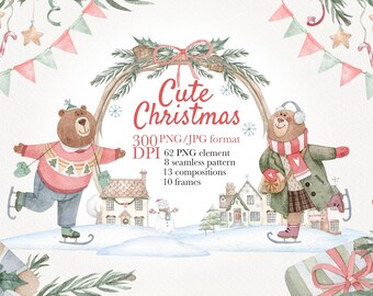 Colección de imágenes prediseñadas navideñas en acuarela, marcos y patrones (descarga digital)