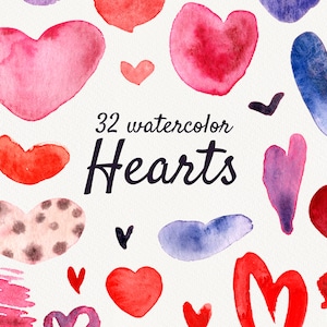 Könnte beinhalten: Eine Sammlung von 32 Aquarellherzen in verschiedenen Rot-, Rosa- und Blautönen, die auf einem weißen Hintergrund verstreut sind. Der Text 32 watercolor Hearts ist mittig in einer dunklen, eleganten Schreibschrift gedruckt und von Formen umgeben.