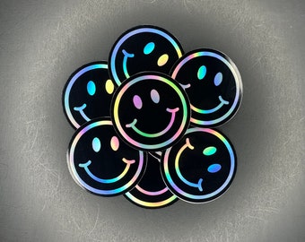 Smiley Face Sticker, Holographic Stickers, Hydroflask Stickers, Tumbler Stickers, Waterproof Stickers, Gift for her, Water Resistant Sticker