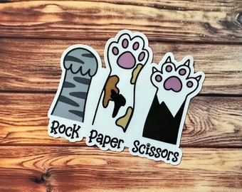 Rock Paper Scissors Cat Sticker, Cute Cat Sticker, Gifts for her, Gifts for him, Reading Sticker, Waterproof Stickers, Bookish Stickers