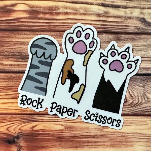 Rock Paper Scissors Cat Sticker, Cute Cat Sticker, Gifts for her, Gifts for him, Reading Sticker, Waterproof Stickers, Bookish Stickers