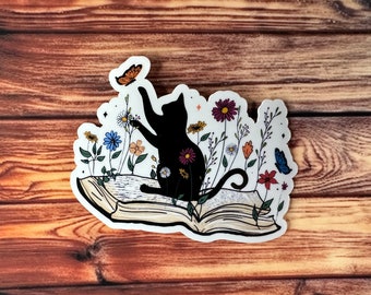 Sitting Black Cat Sticker, Black Cat on Book Sticker, Bookish Cat Sticker, Gifts for her, Gifts for him, Reading Sticker Waterproof Stickers