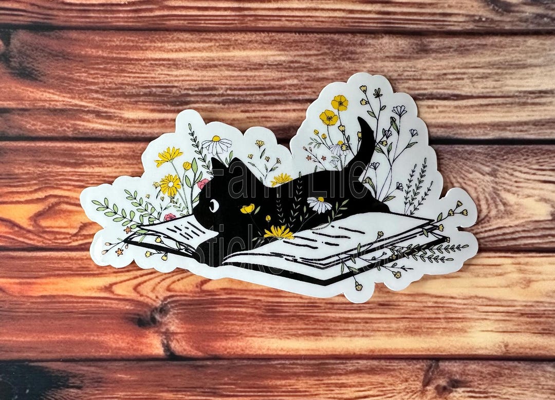 Black Cat Sticker, Black Cat on Book Sticker, Bookish Cat Sticker ...