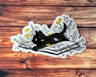 Black Cat Sticker, Black Cat on Book Sticker, Bookish Cat Sticker, Gifts for her, Gifts for him, Reading Sticker, Waterproof Stickers