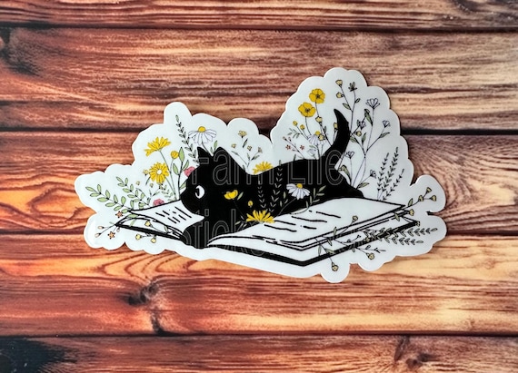 Black Cat Sticker, Black Cat on Book Sticker, Bookish Cat Sticker, Gifts for her, Gifts for him, Reading Sticker, Waterproof Stickers