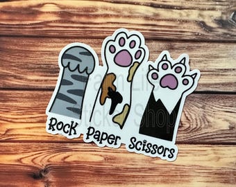Rock Paper Scissors Cat Sticker, Cute Cat Sticker, Gifts for her, Gifts for him, Reading Sticker, Waterproof Stickers, Bookish Stickers