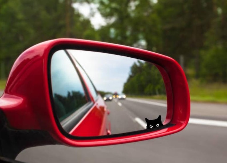 May include: A red car's side mirror with a black cat sticker peeking out from the reflection. The cat has white eyes and is looking directly at the viewer.
