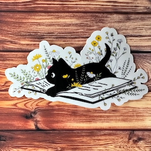 Black Cat Sticker, Black Cat on Book Sticker, Bookish Cat Sticker, Gifts for her, Gifts for him, Reading Sticker, Waterproof Stickers