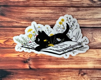 Black Cat Sticker, Black Cat on Book Sticker, Bookish Cat Sticker, Gifts for her, Gifts for him, Reading Sticker, Waterproof Stickers